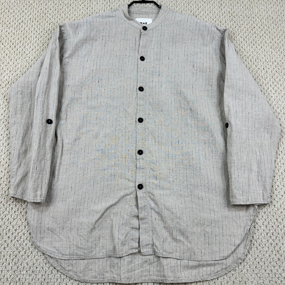 FLAX Jeanne Engelhart Shirt Mens S Natural/Navy Striped Button Linen Band Collar
